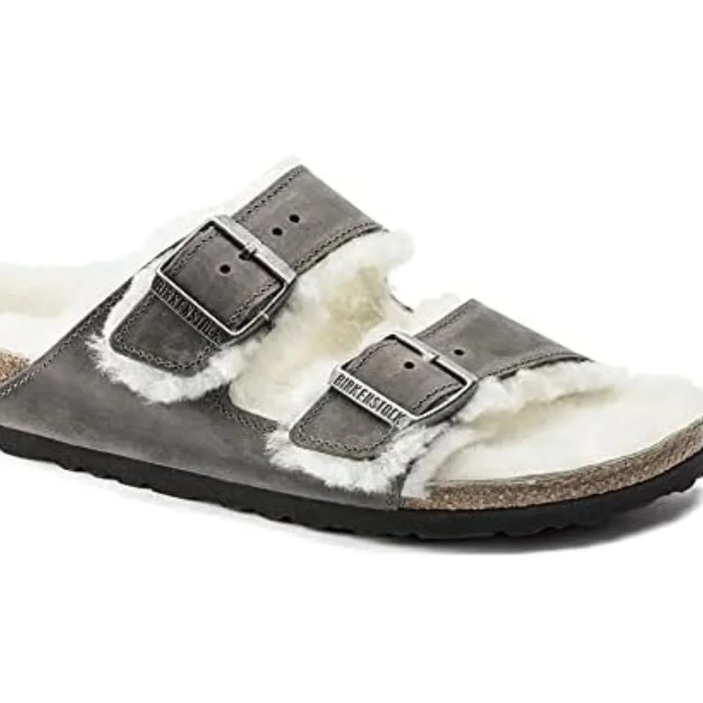 NWB! Birkenstock Men's Arizona Shearling Sandals, Iron/Natural, Grey, Tan,  8 US